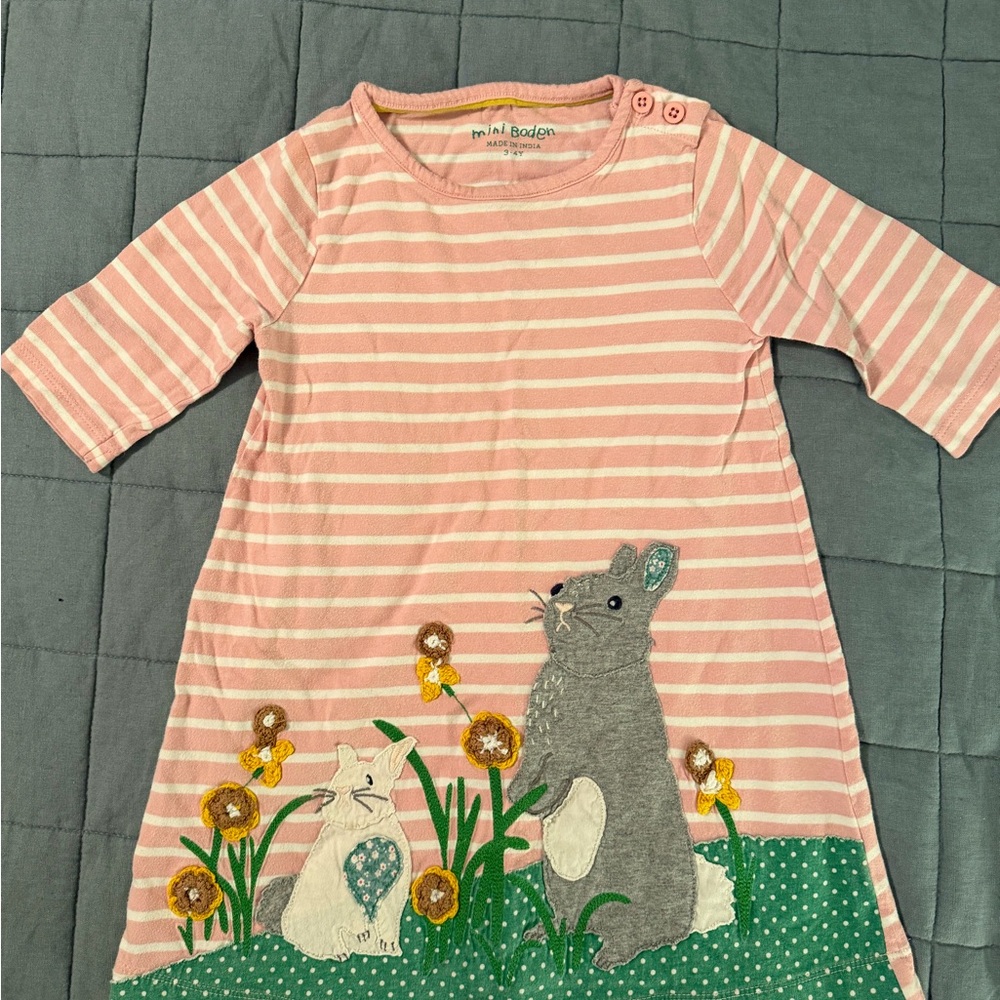Mini Boden Pink and White Striped Bunny Appliqué Dress